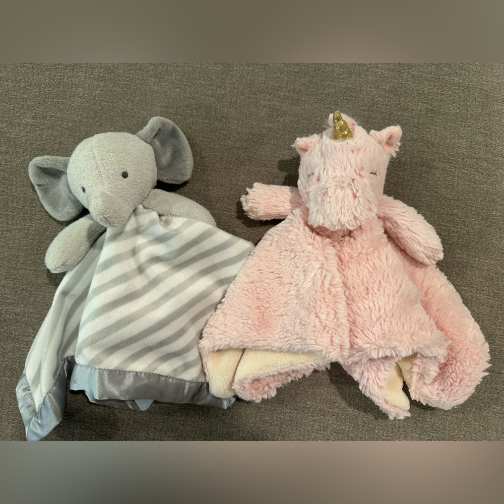 Plush Elephant and Unicorn baby Lovey Security blanket